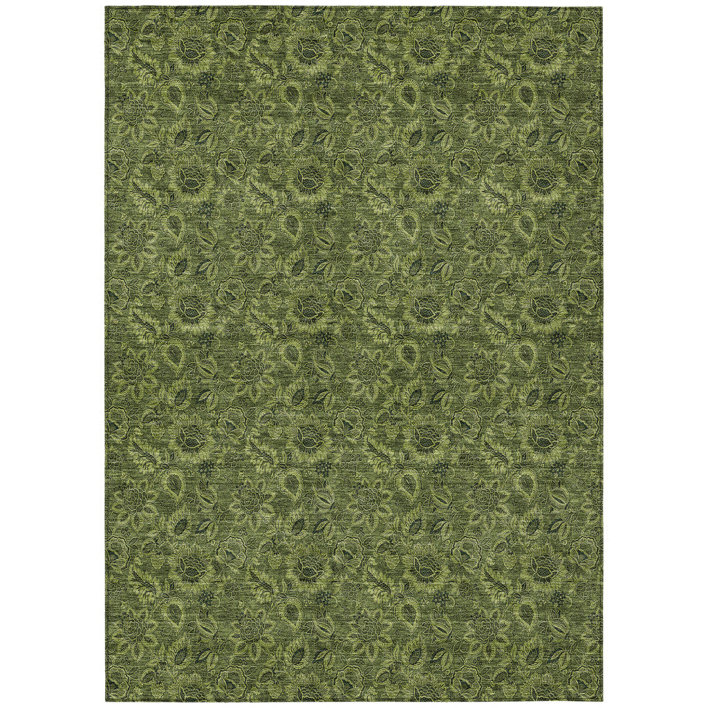 3 X 5 Olive Green And Fern Green Floral Washable Indoor Outdoor Area Rug