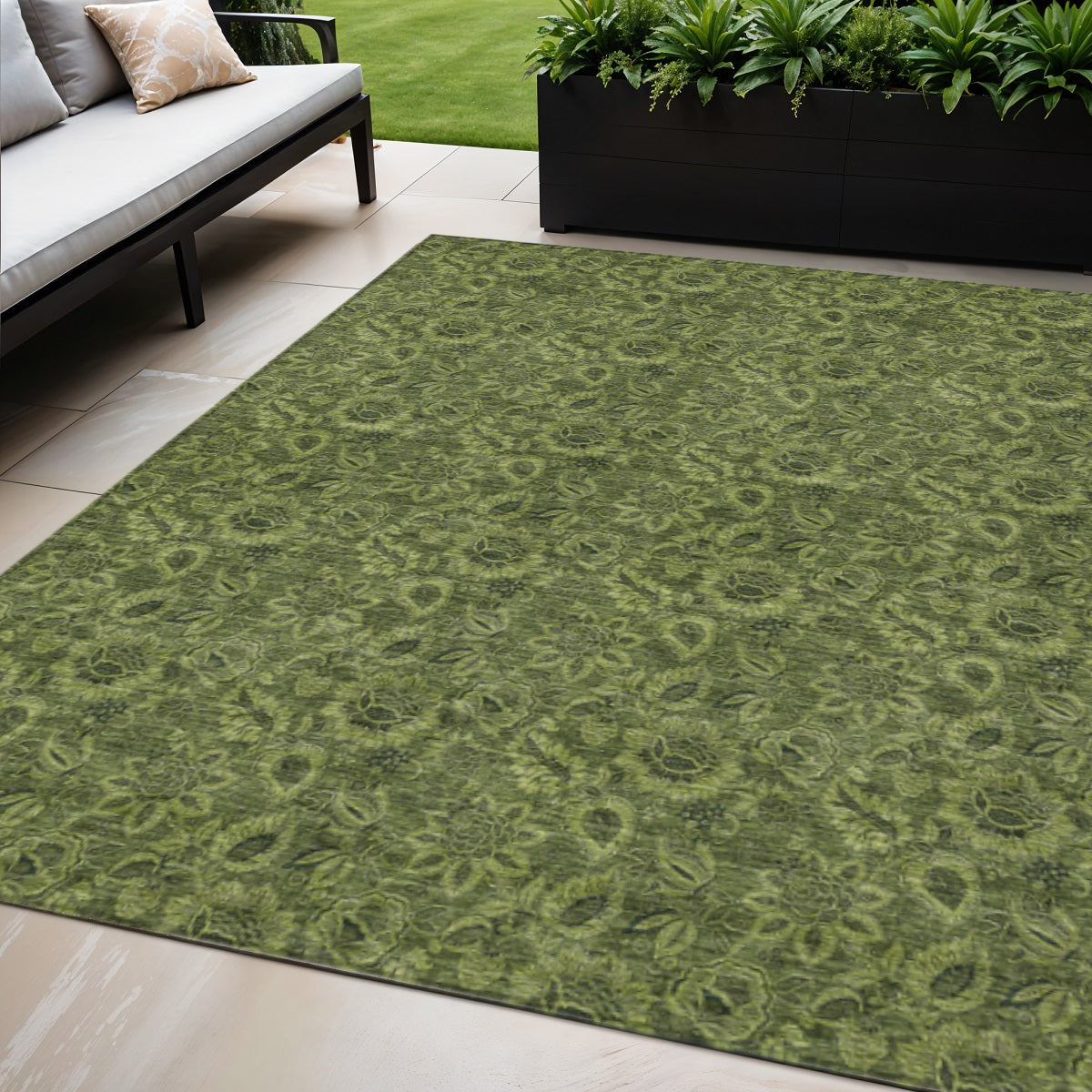 5 X 8 Olive Green And Fern Green Floral Washable Indoor Outdoor Area Rug