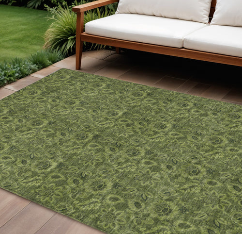 10 X 14 Olive Green And Fern Green Floral Washable Indoor Outdoor Area Rug