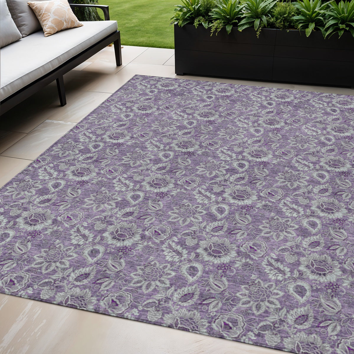 5 X 8 Purple Lilac And Lavender Floral Washable Indoor Outdoor Area Rug