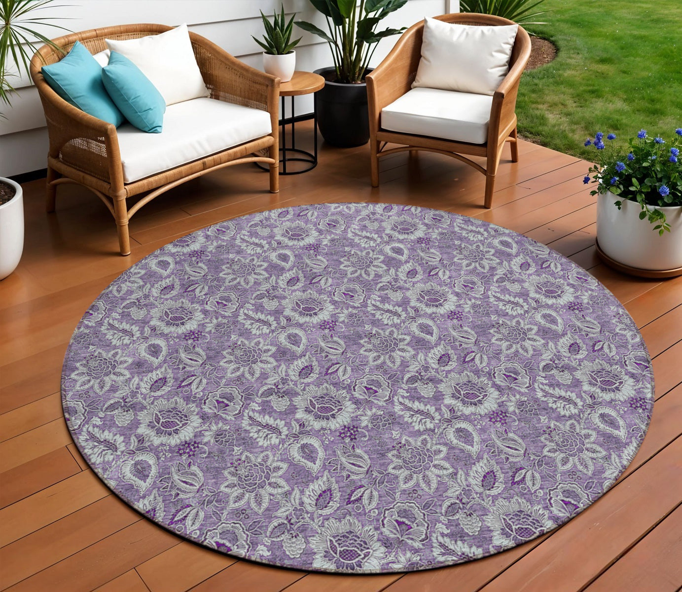 8 Purple Lilac And Lavender Round Floral Washable Indoor Outdoor Area Rug