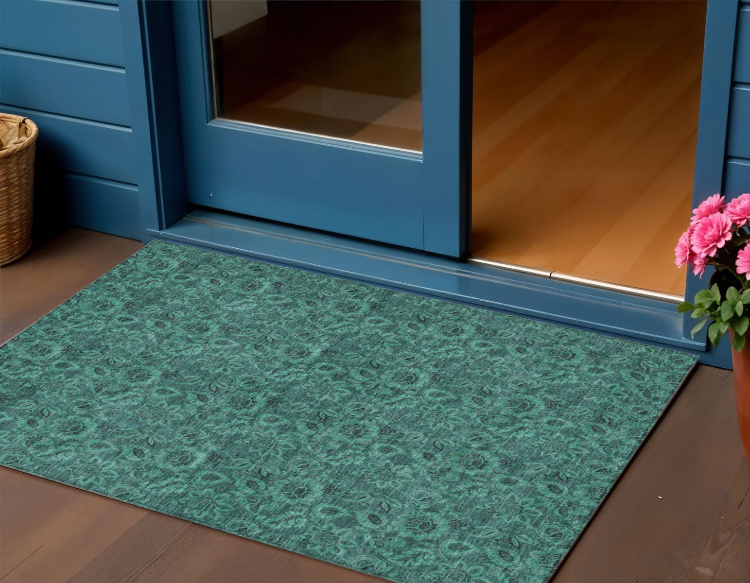 3 X 5 Teal Blue Green And Charcoal Floral Washable Indoor Outdoor Area Rug