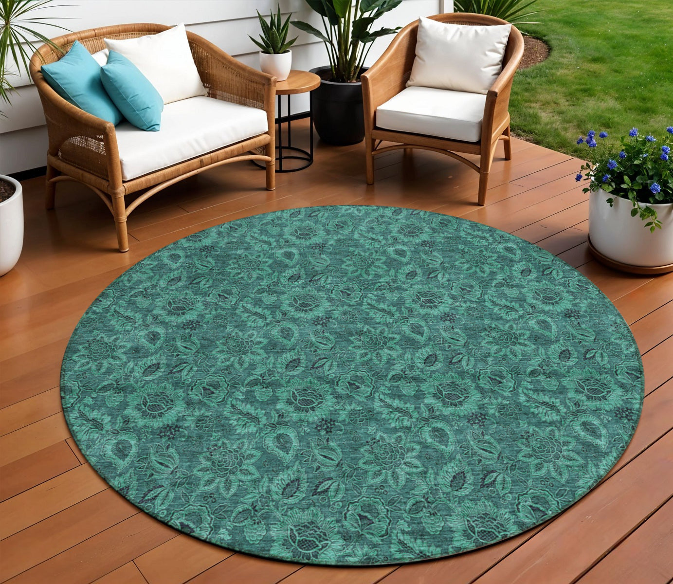 8 Teal Blue Green And Charcoal Round Floral Washable Indoor Outdoor Area Rug