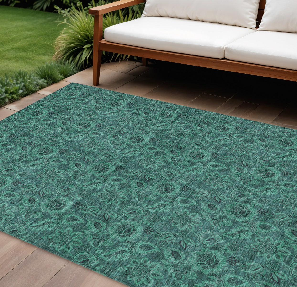 9 X 12 Teal Blue Green And Charcoal Floral Washable Indoor Outdoor Area Rug