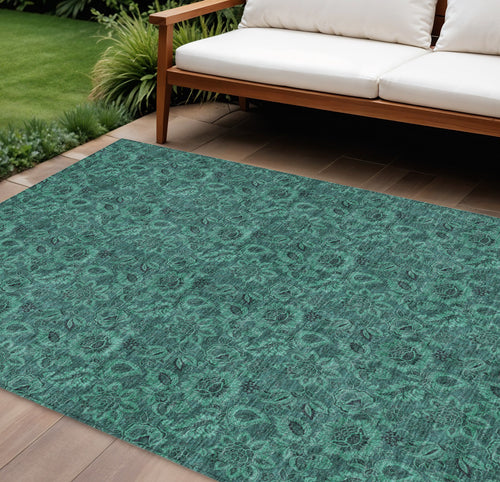 10 X 14 Teal Blue Green And Charcoal Floral Washable Indoor Outdoor Area Rug