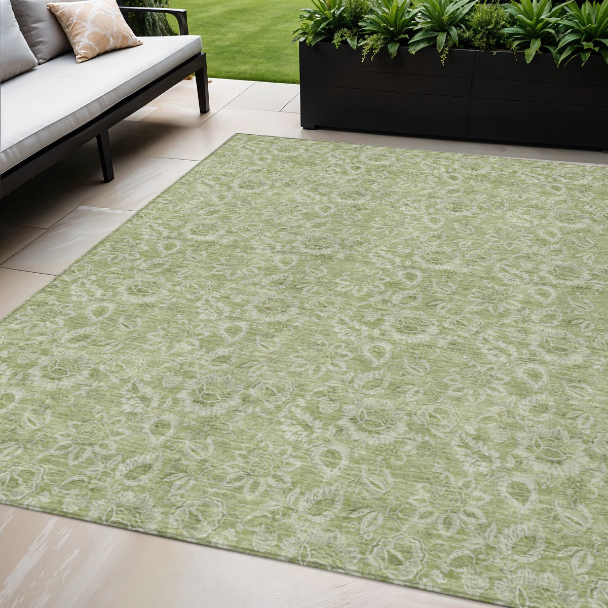 5 X 8 Green Floral Washable Indoor Outdoor Area Rug