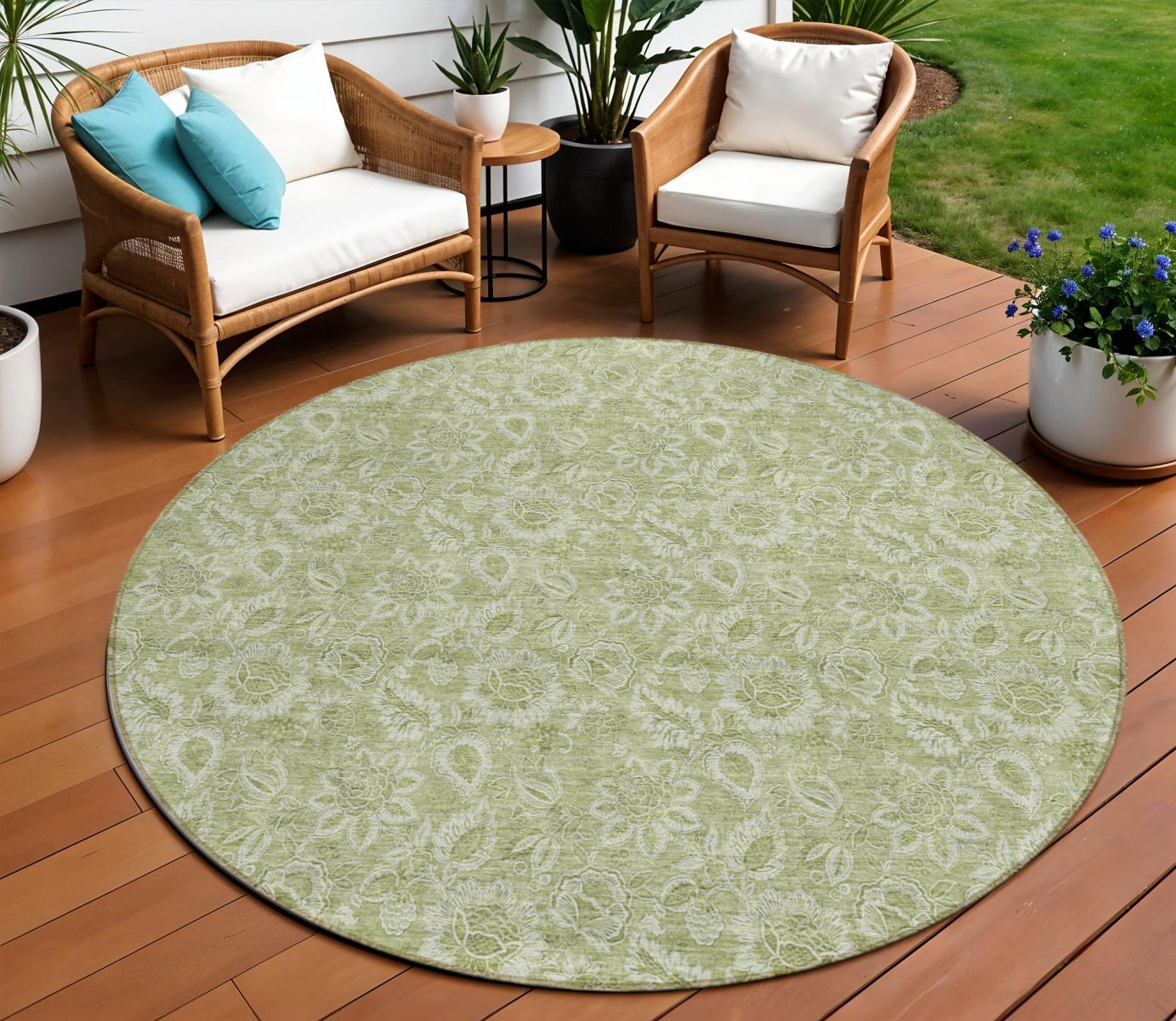 8 Green Round Floral Washable Indoor Outdoor Area Rug