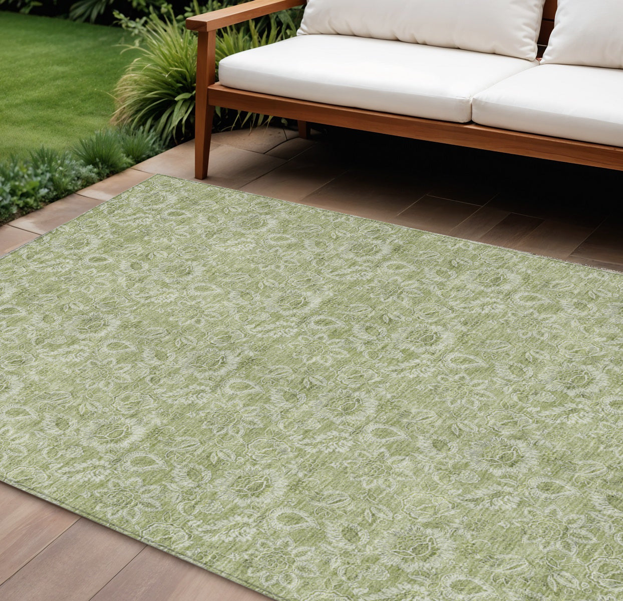 8 X 10 Green Floral Washable Indoor Outdoor Area Rug