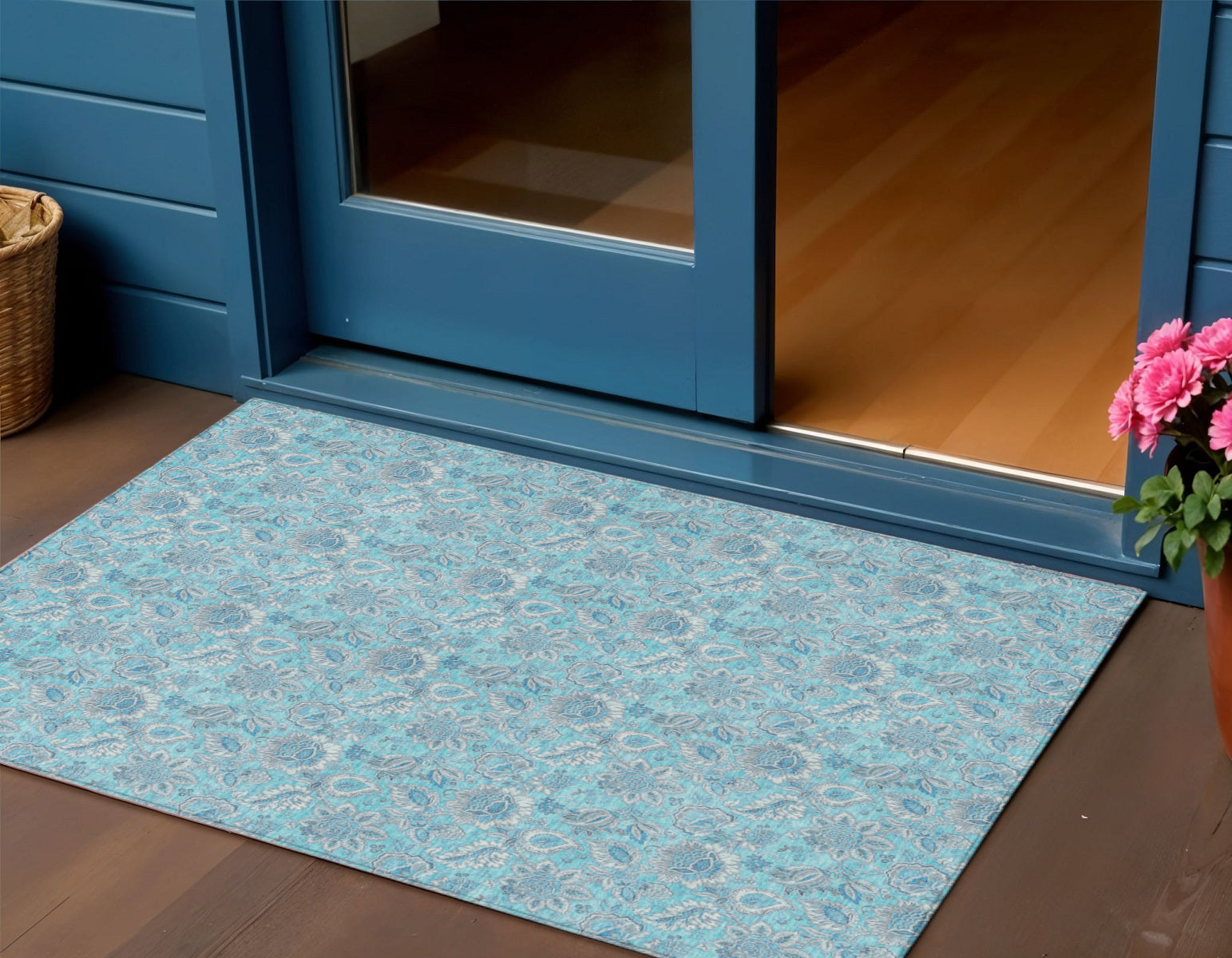 3 X 5 Aqua Blue And Silver Floral Washable Indoor Outdoor Area Rug
