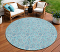 8 Aqua Blue And Silver Round Floral Washable Indoor Outdoor Area Rug