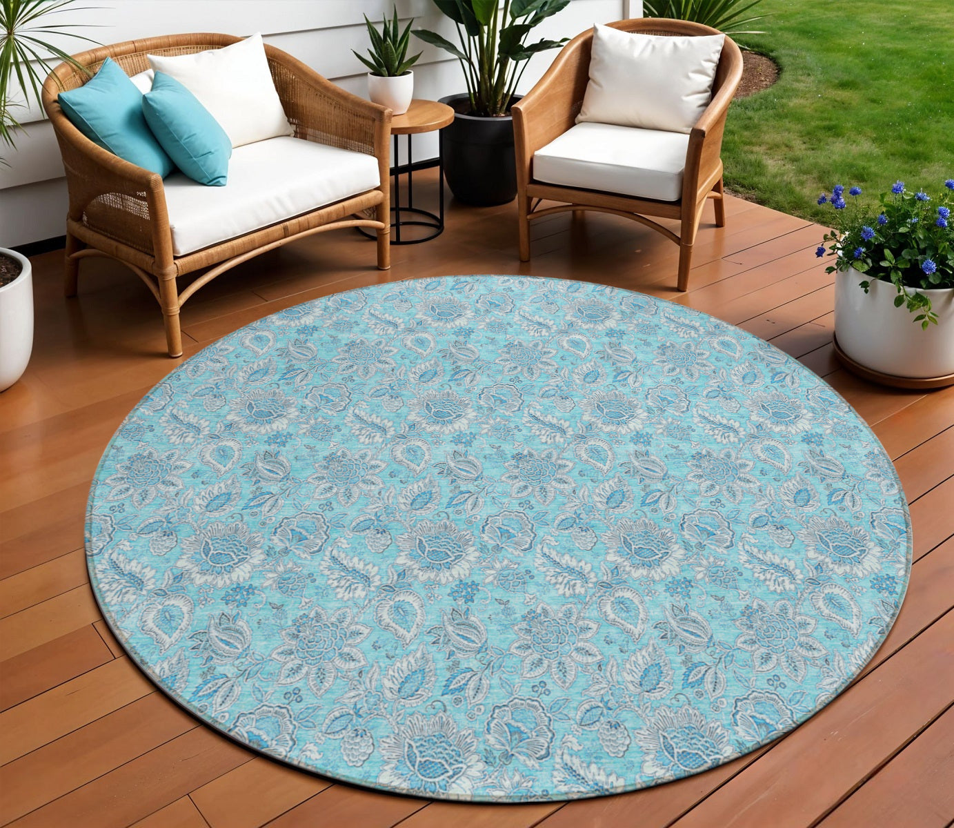 8 Aqua Blue And Silver Round Floral Washable Indoor Outdoor Area Rug