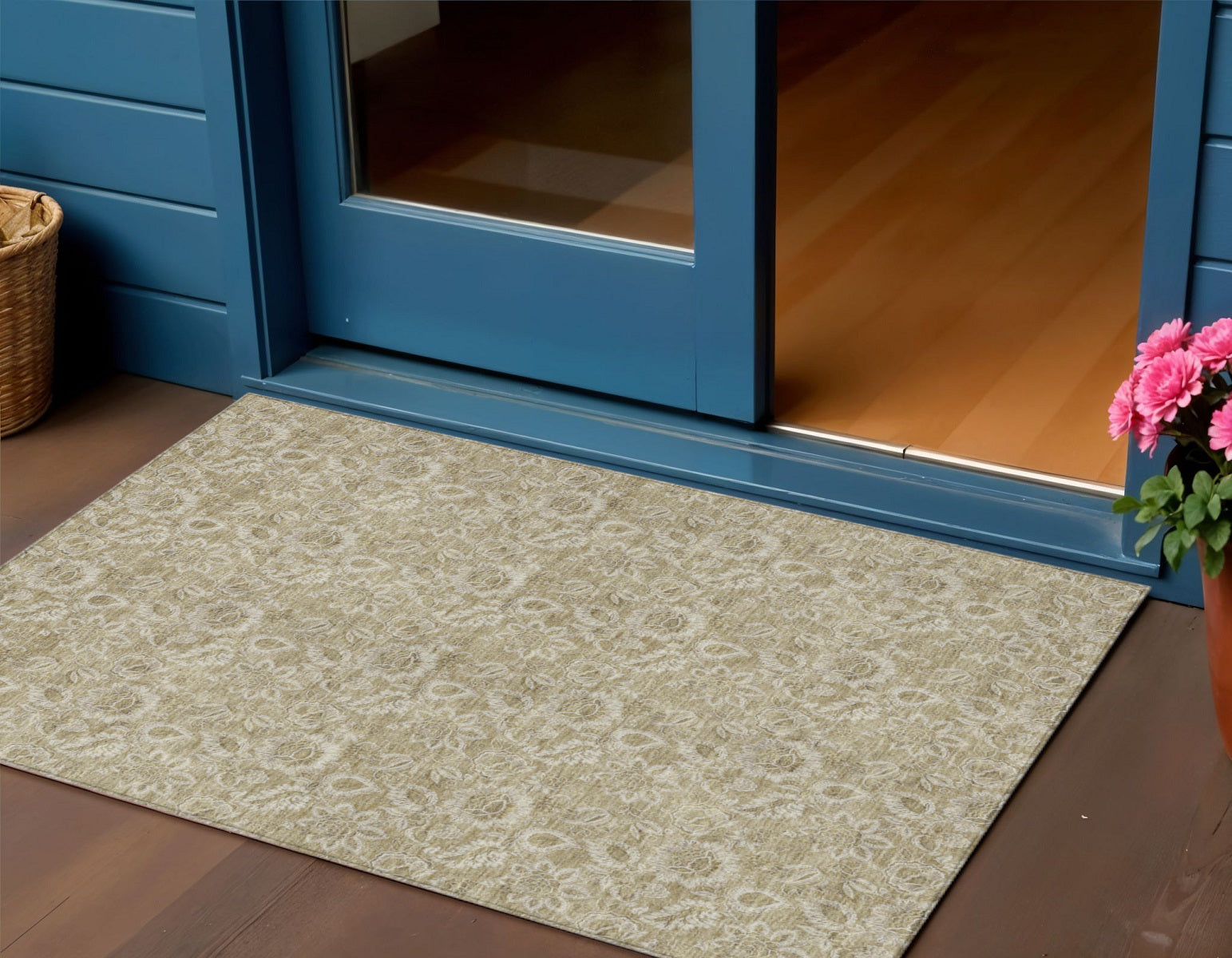 3 X 5 Beige Taupe And Brown Floral Washable Indoor Outdoor Area Rug