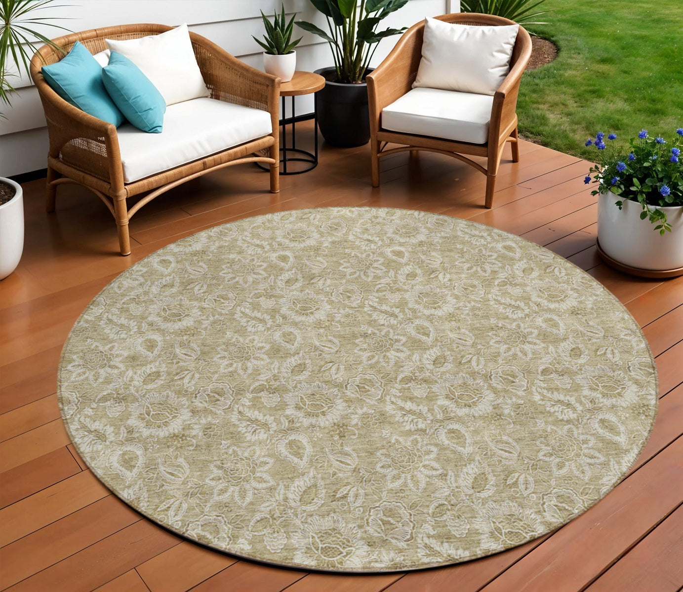 8 Beige Taupe And Brown Round Floral Washable Indoor Outdoor Area Rug