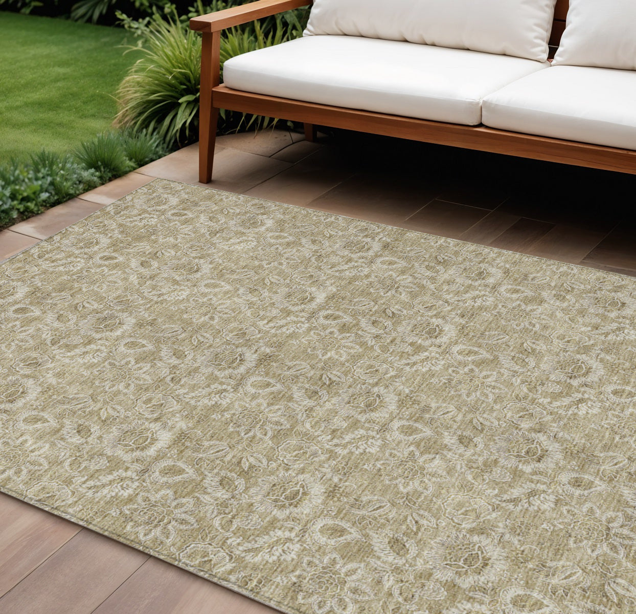 8 X 10 Beige Taupe And Brown Floral Washable Indoor Outdoor Area Rug