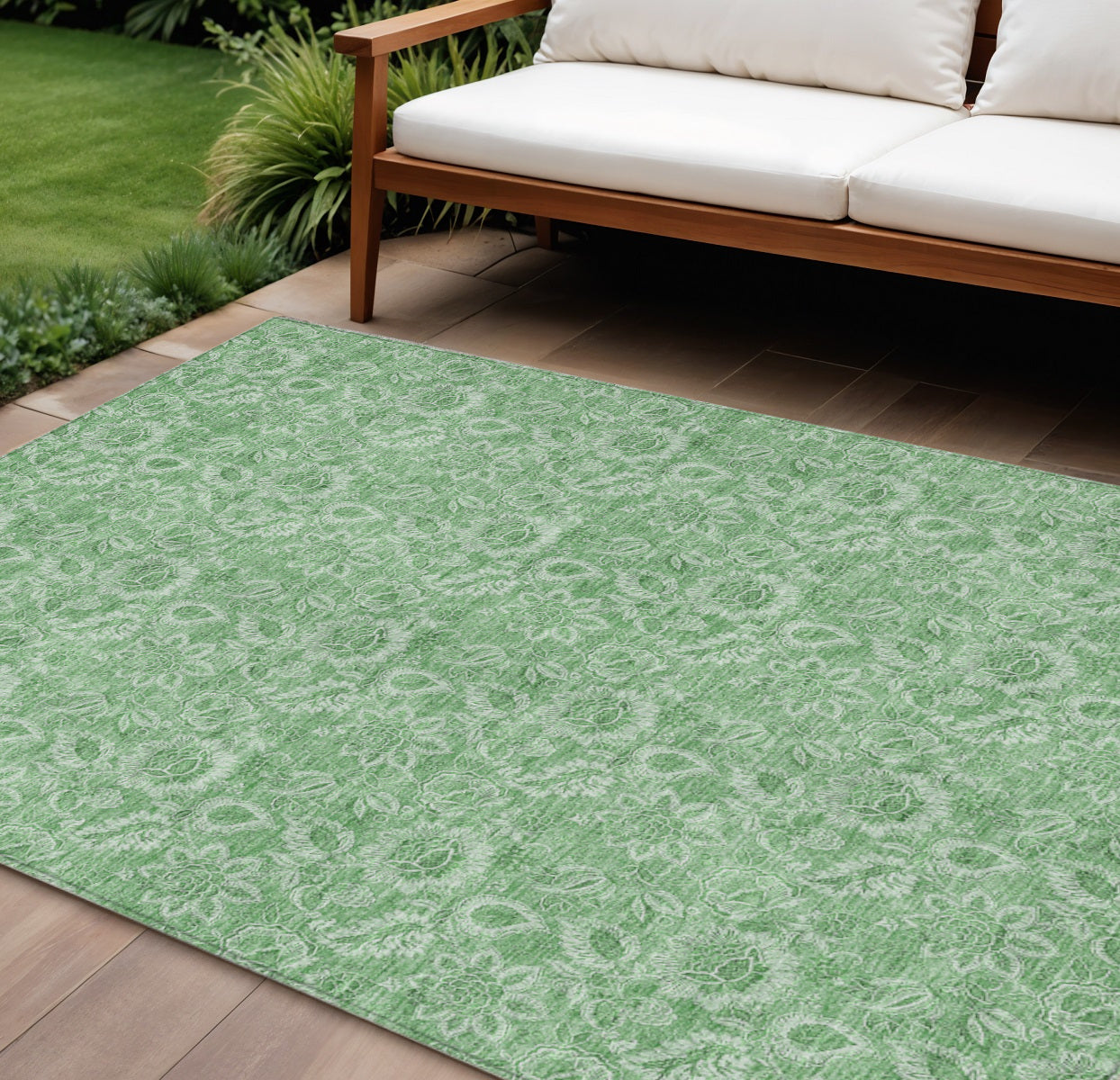 10 X 14 Green And Artichoke Green Floral Washable Indoor Outdoor Area Rug