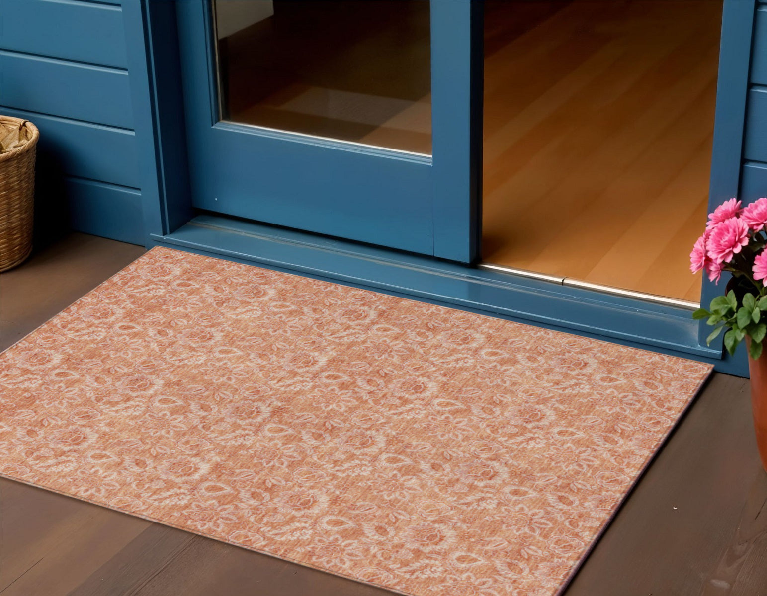 3 X 5 Salmon And Copper Floral Washable Indoor Outdoor Area Rug