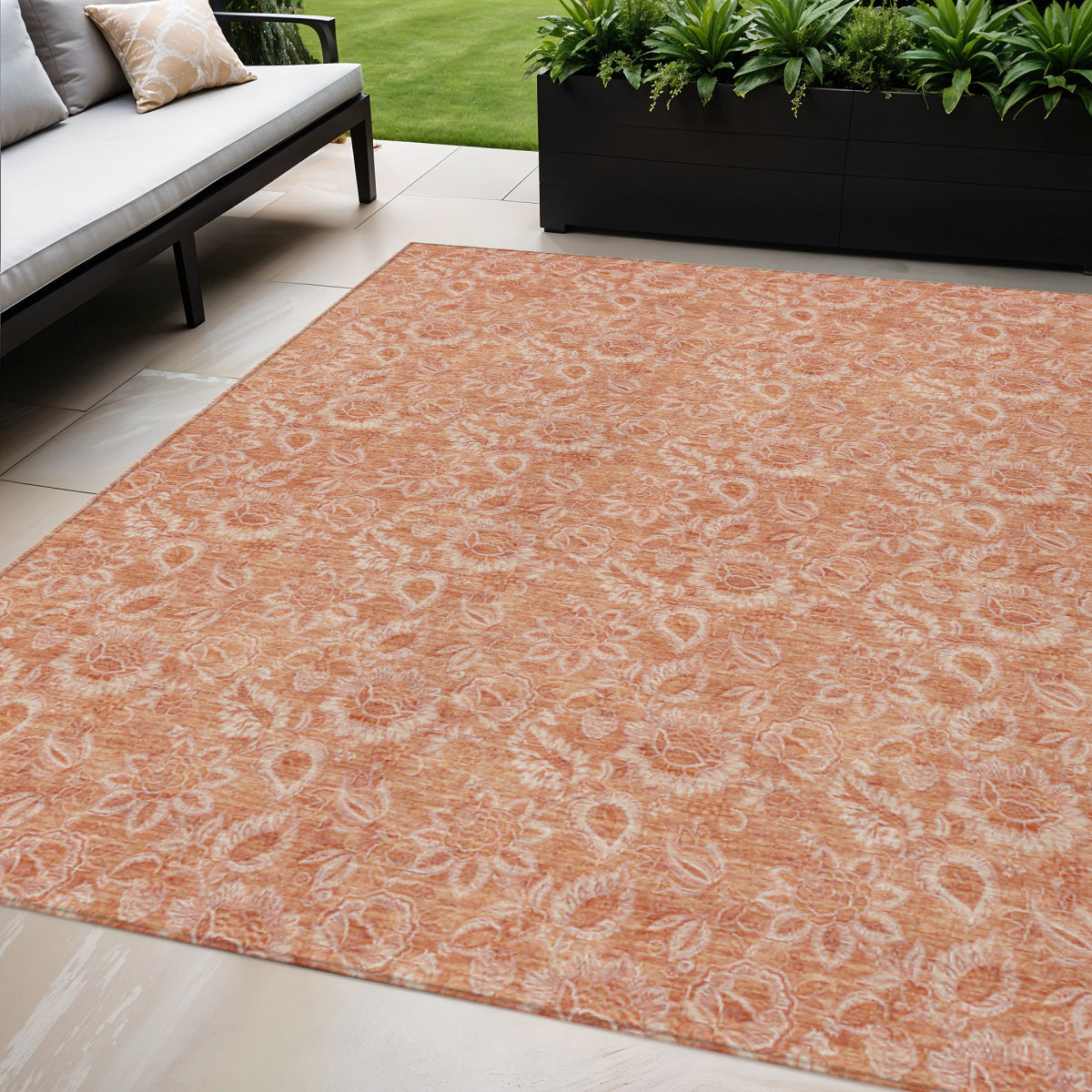 5 X 8 Salmon And Copper Floral Washable Indoor Outdoor Area Rug