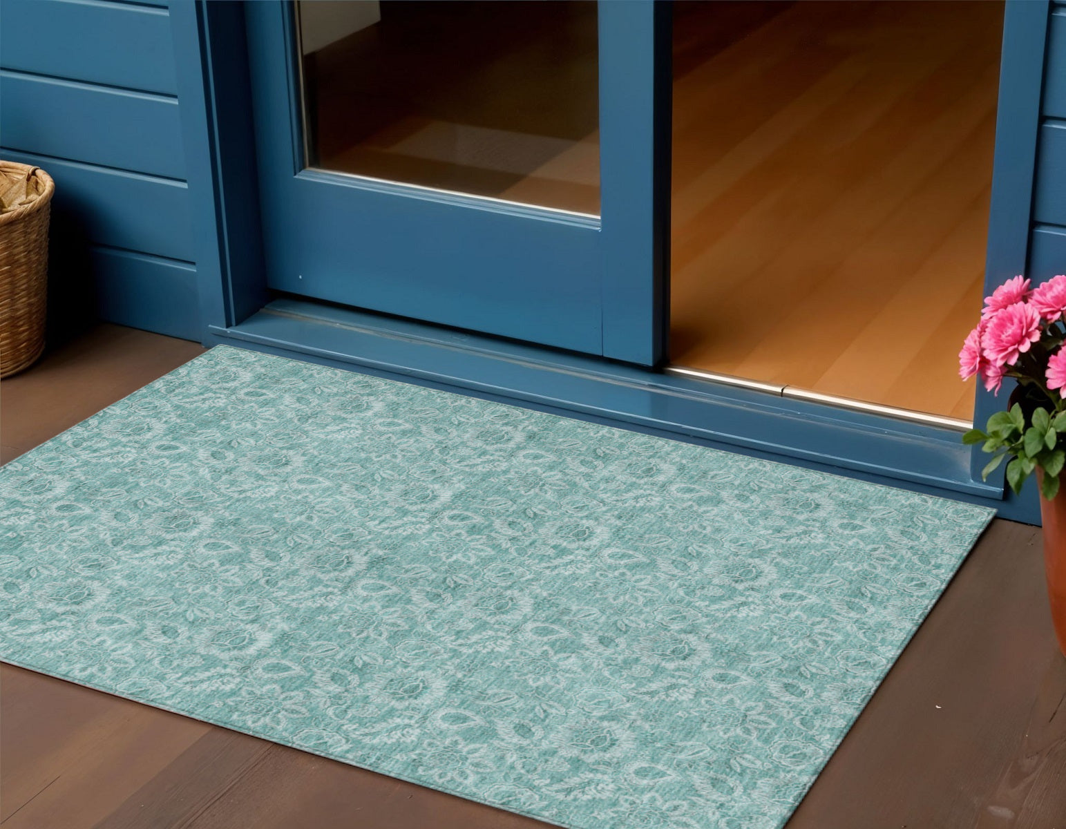 3 X 5 Teal Blue And Aqua Floral Washable Indoor Outdoor Area Rug