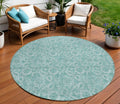 8 Teal Blue And Aqua Round Floral Washable Indoor Outdoor Area Rug