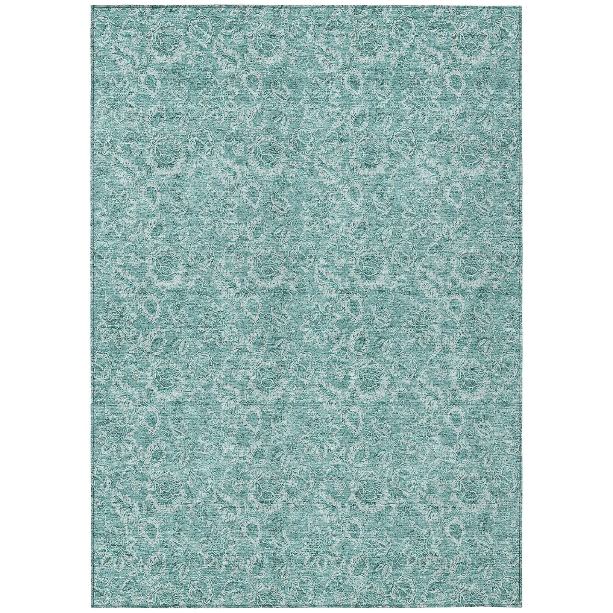 9 X 12 Teal Blue And Aqua Floral Washable Indoor Outdoor Area Rug