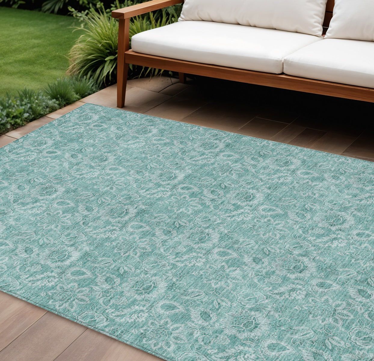 10 X 14 Teal Blue And Aqua Floral Washable Indoor Outdoor Area Rug