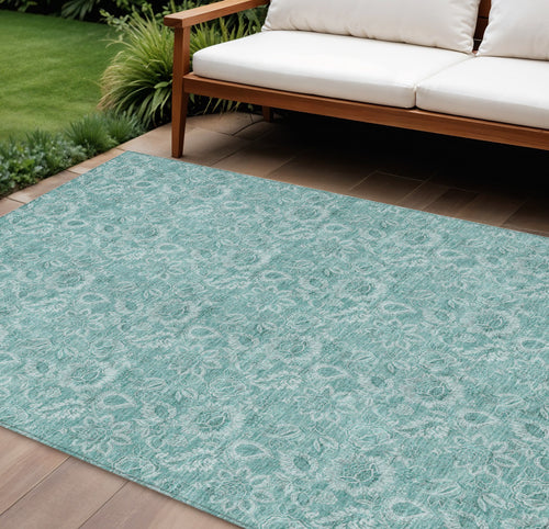 10 X 14 Teal Blue And Aqua Floral Washable Indoor Outdoor Area Rug