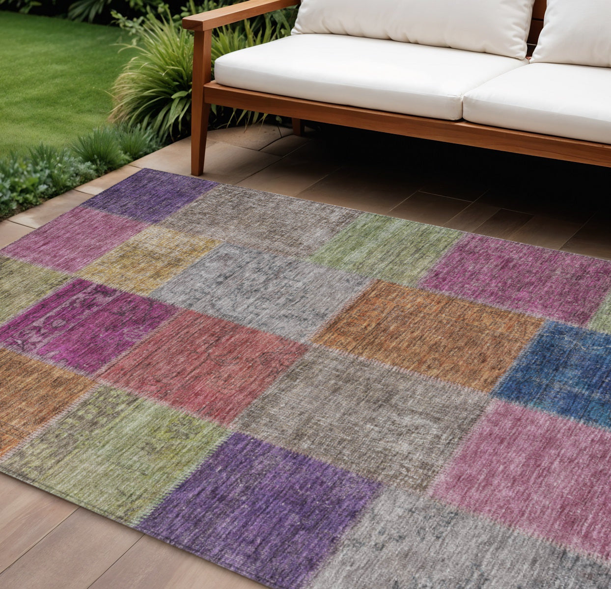 10 X 14 Copper Navy Blue And Gold Patchwork Washable Indoor Outdoor Area Rug