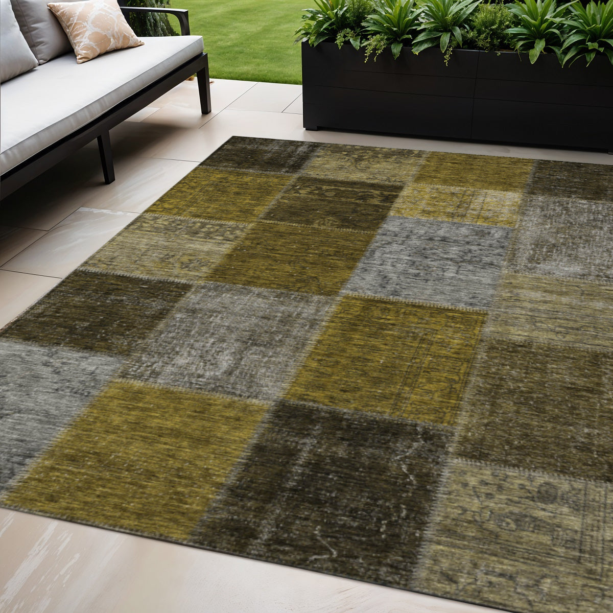 5 X 8 Brown Gold And Taupe Patchwork Washable Indoor Outdoor Area Rug