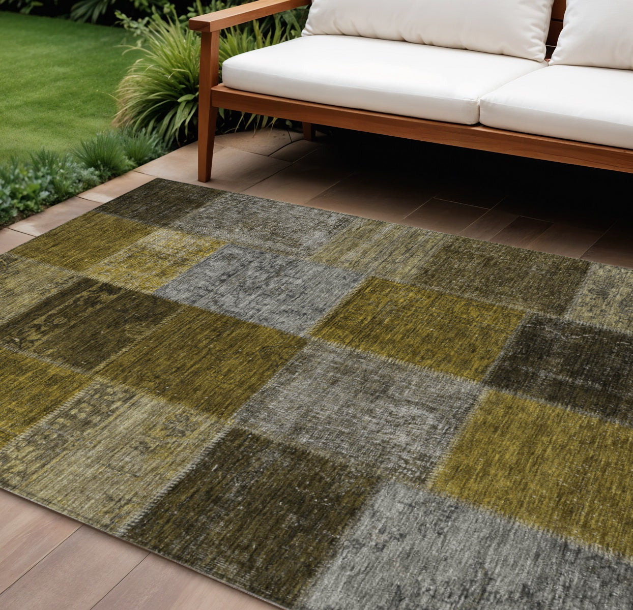 8 X 10 Brown Gold And Taupe Patchwork Washable Indoor Outdoor Area Rug