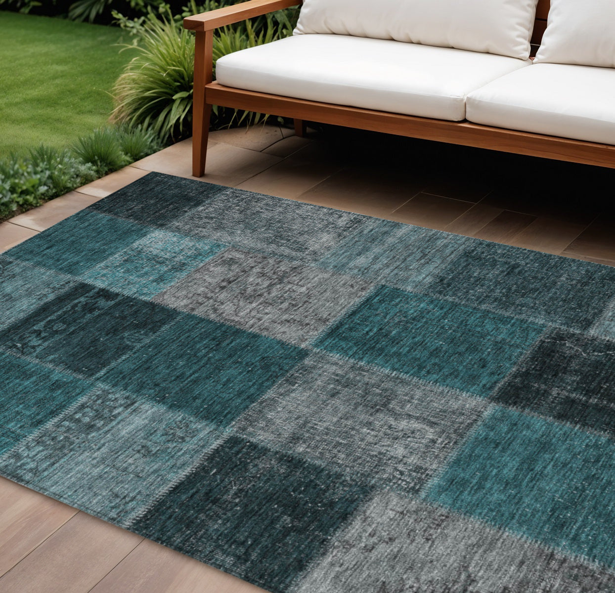 9 X 12 Teal Blue Aqua And Charcoal Patchwork Washable Indoor Outdoor Area Rug