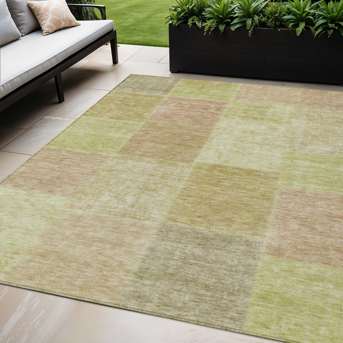 5 X 8 Green Copper And Mint Green Patchwork Washable Indoor Outdoor Area Rug