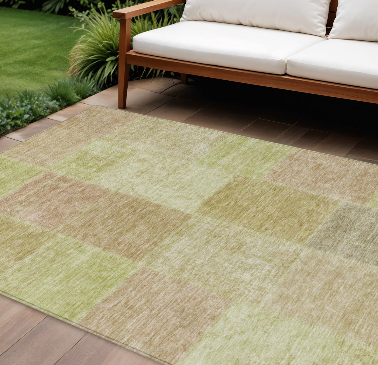 9 X 12 Green Copper And Mint Green Patchwork Washable Indoor Outdoor Area Rug