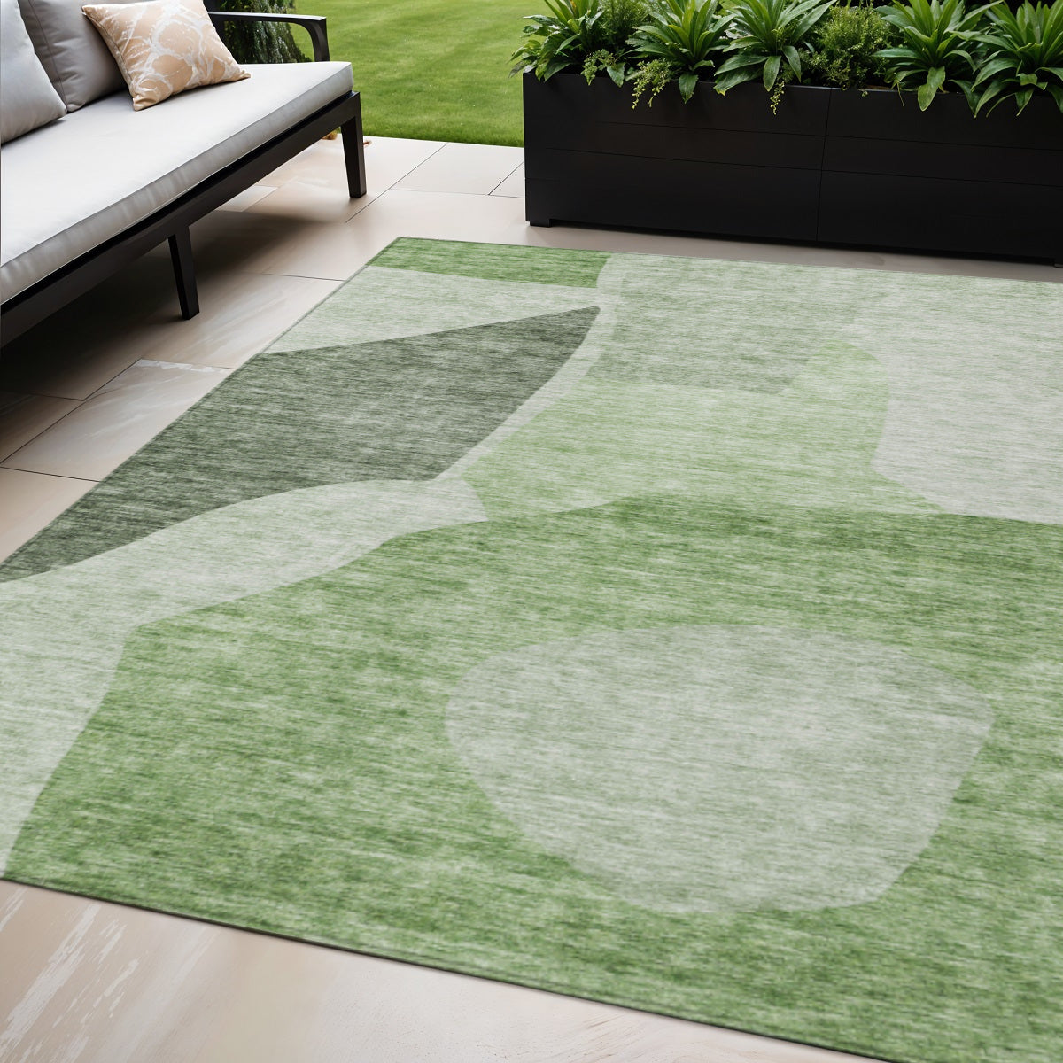 5 X 8 Olive Green And Fern Green Abstract Washable Indoor Outdoor Area Rug