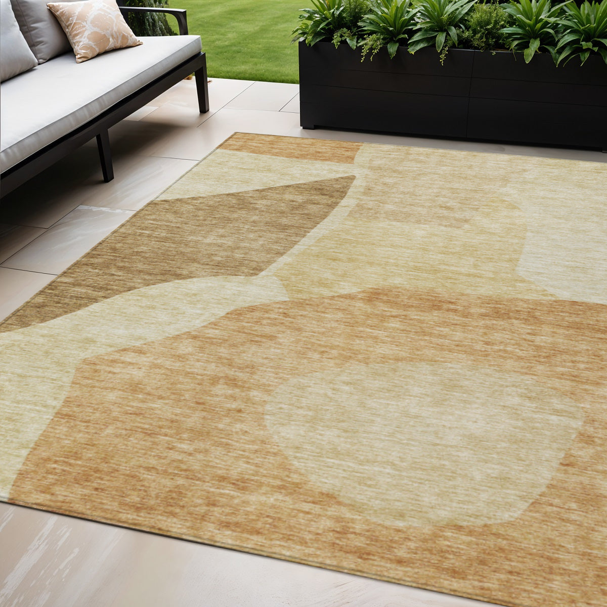 5 X 8 Beige Copper And Brown Abstract Washable Indoor Outdoor Area Rug