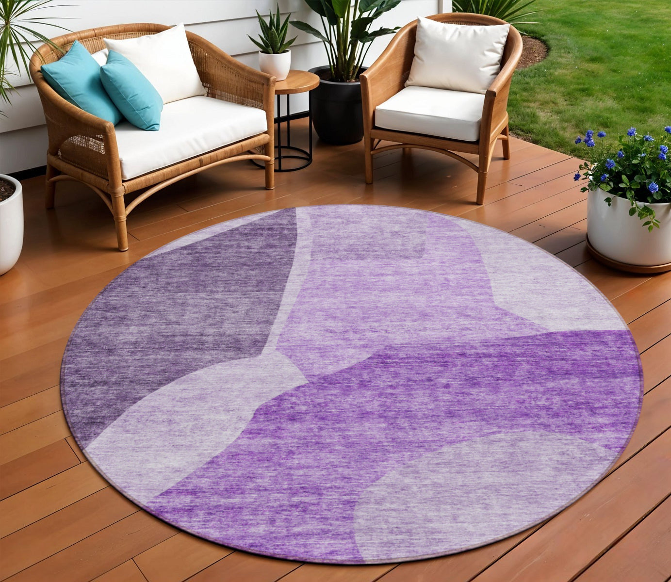 8 Eggplant Purple And Lilac Round Abstract Washable Indoor Outdoor Area Rug