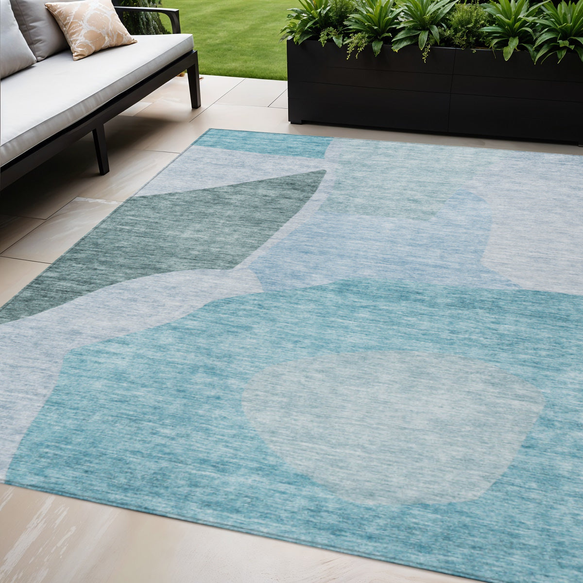 5 X 8 Teal Blue Artichoke Green And Blue Abstract Washable Indoor Outdoor Area Rug