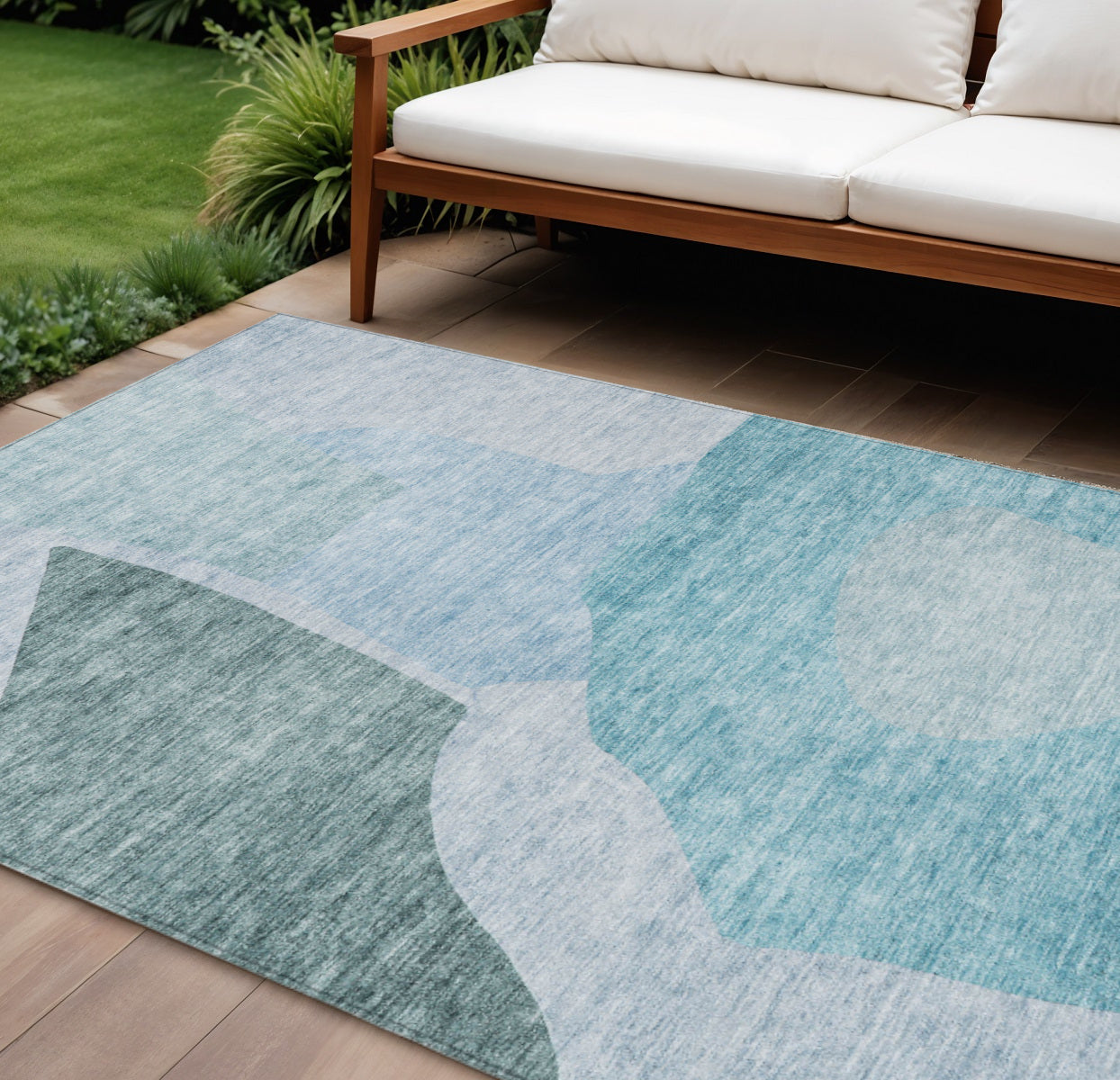 8 X 10 Teal Blue Artichoke Green And Blue Abstract Washable Indoor Outdoor Area Rug
