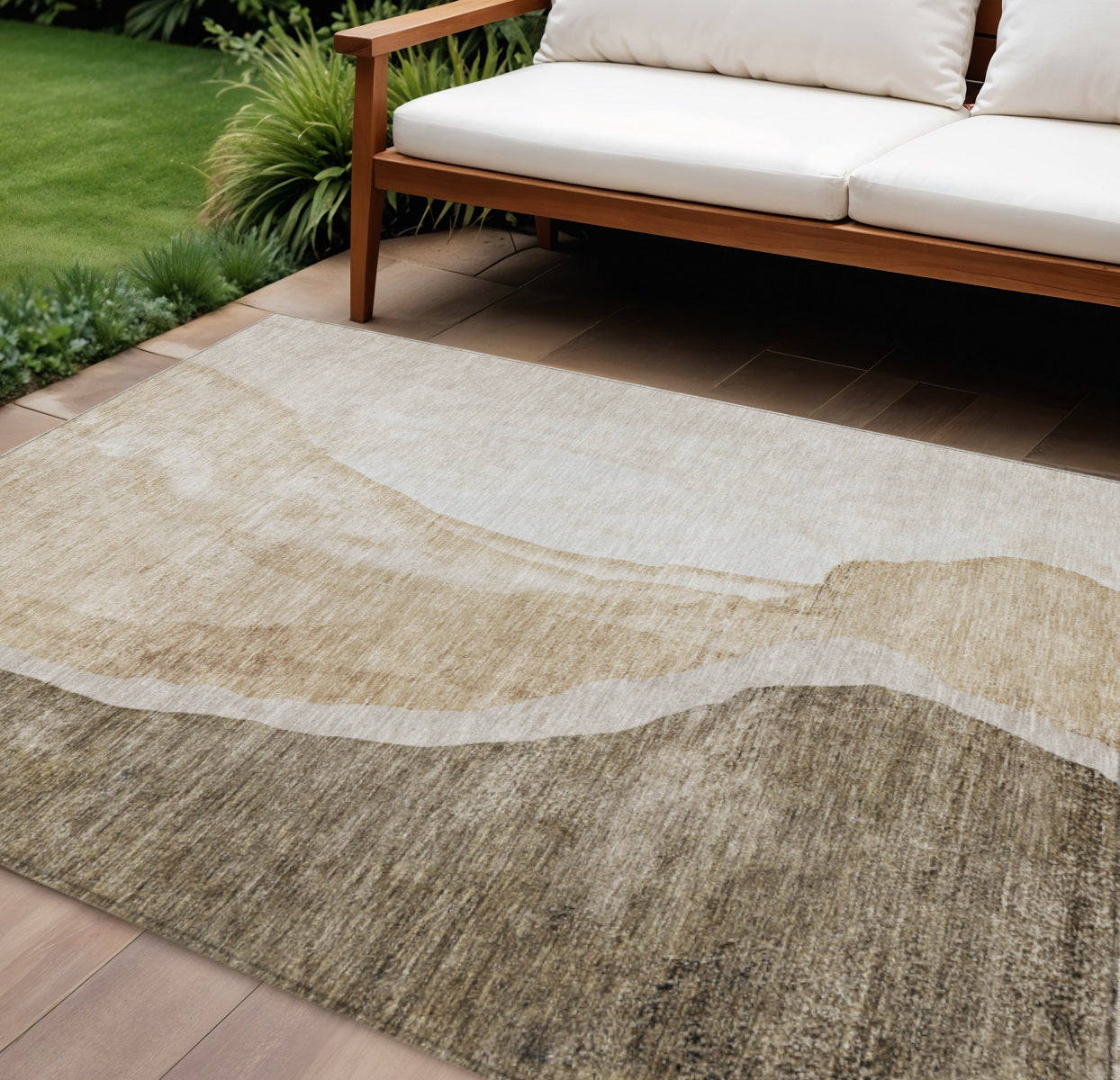 10 X 14 Brown And Taupe Abstract Washable Indoor Outdoor Area Rug
