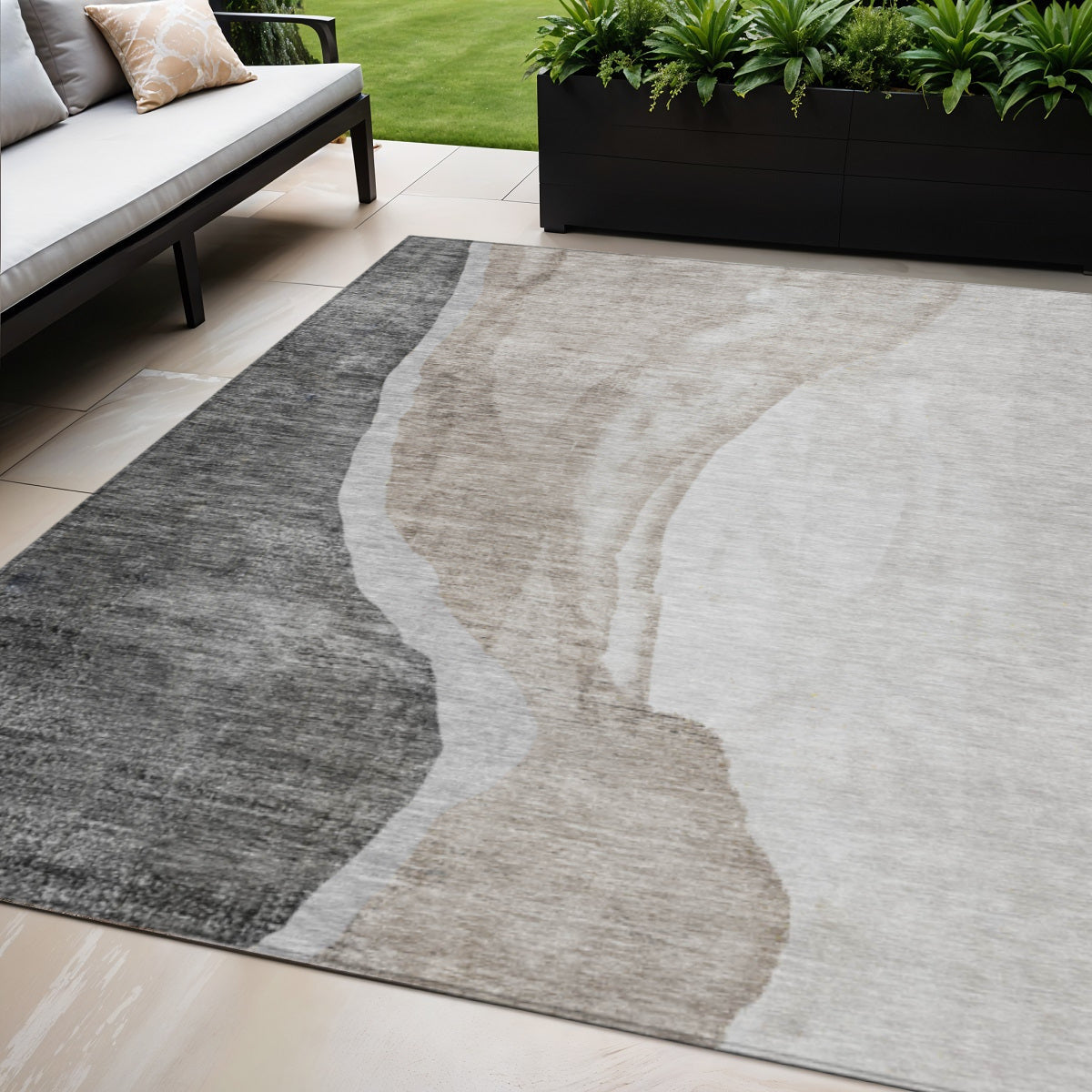 5 X 8 Charcoal Gray And Taupe Abstract Washable Indoor Outdoor Area Rug