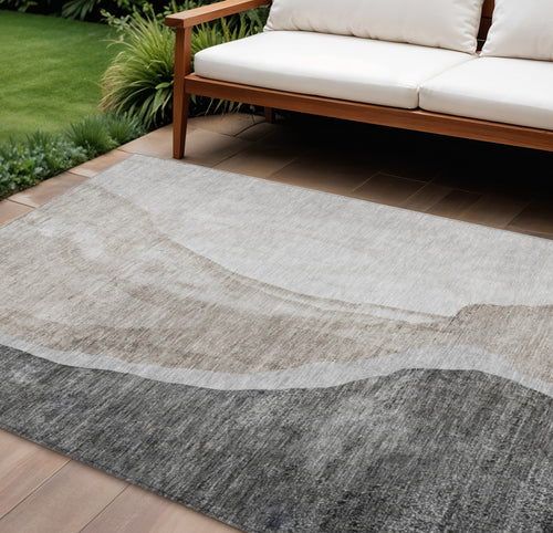 10 X 14 Charcoal Gray And Taupe Abstract Washable Indoor Outdoor Area Rug
