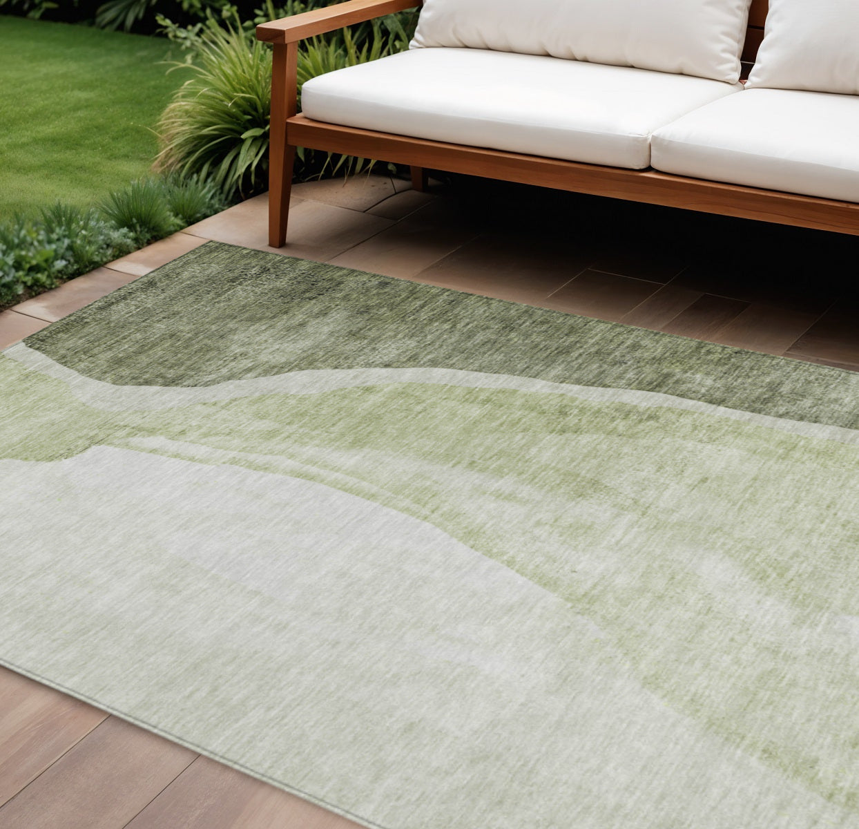 9 X 12 Olive Green And Beige Abstract Washable Indoor Outdoor Area Rug