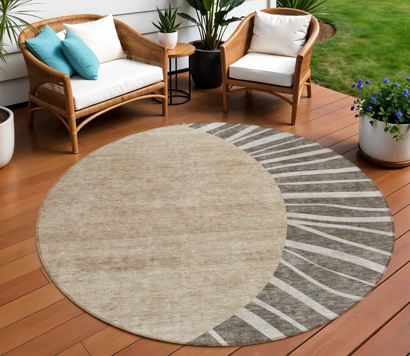 8 Chocolate Beige And Taupe Round Abstract Washable Indoor Outdoor Area Rug
