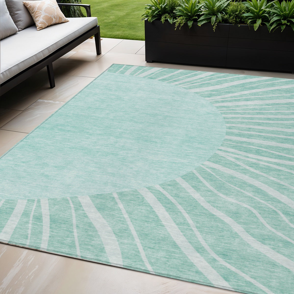 5 X 8 Teal Blue Aqua And Mint Green Abstract Washable Indoor Outdoor Area Rug