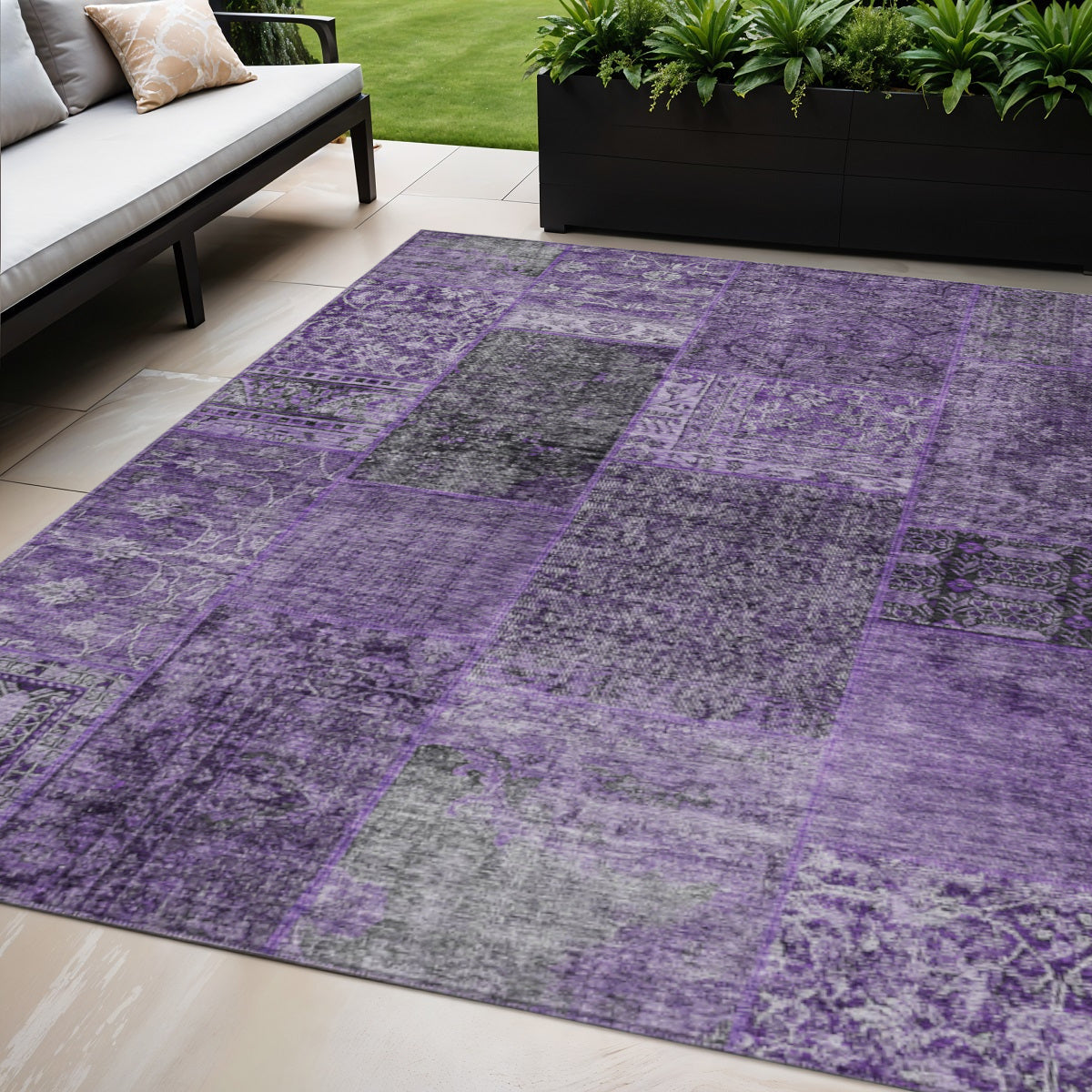 5 X 8 Eggplant Purple And Charcoal Patchwork Washable Indoor Outdoor Area Rug
