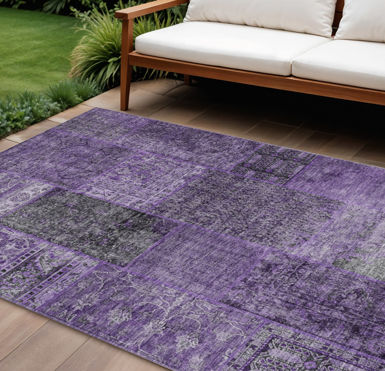 10 X 14 Eggplant Purple And Charcoal Patchwork Washable Indoor Outdoor Area Rug