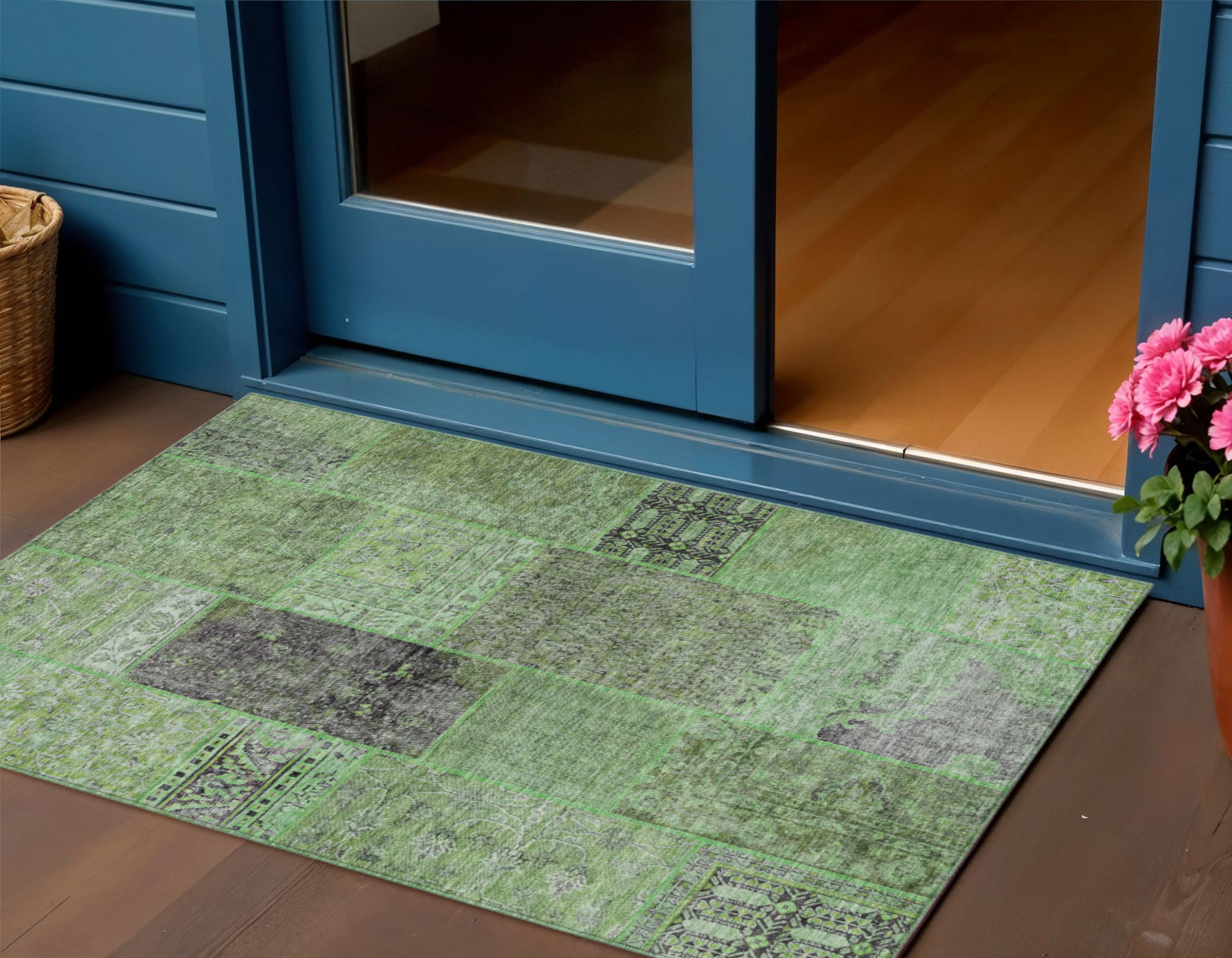 3 X 5 Green And Olive Green Patchwork Washable Indoor Outdoor Area Rug