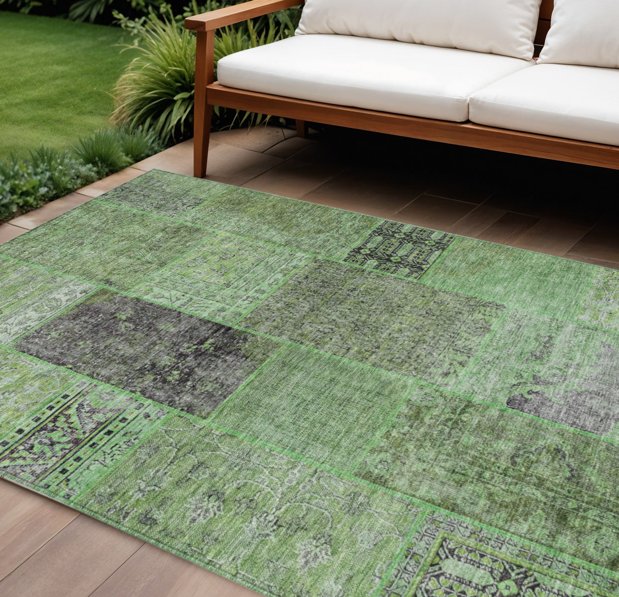 9 X 12 Green And Olive Green Patchwork Washable Indoor Outdoor Area Rug