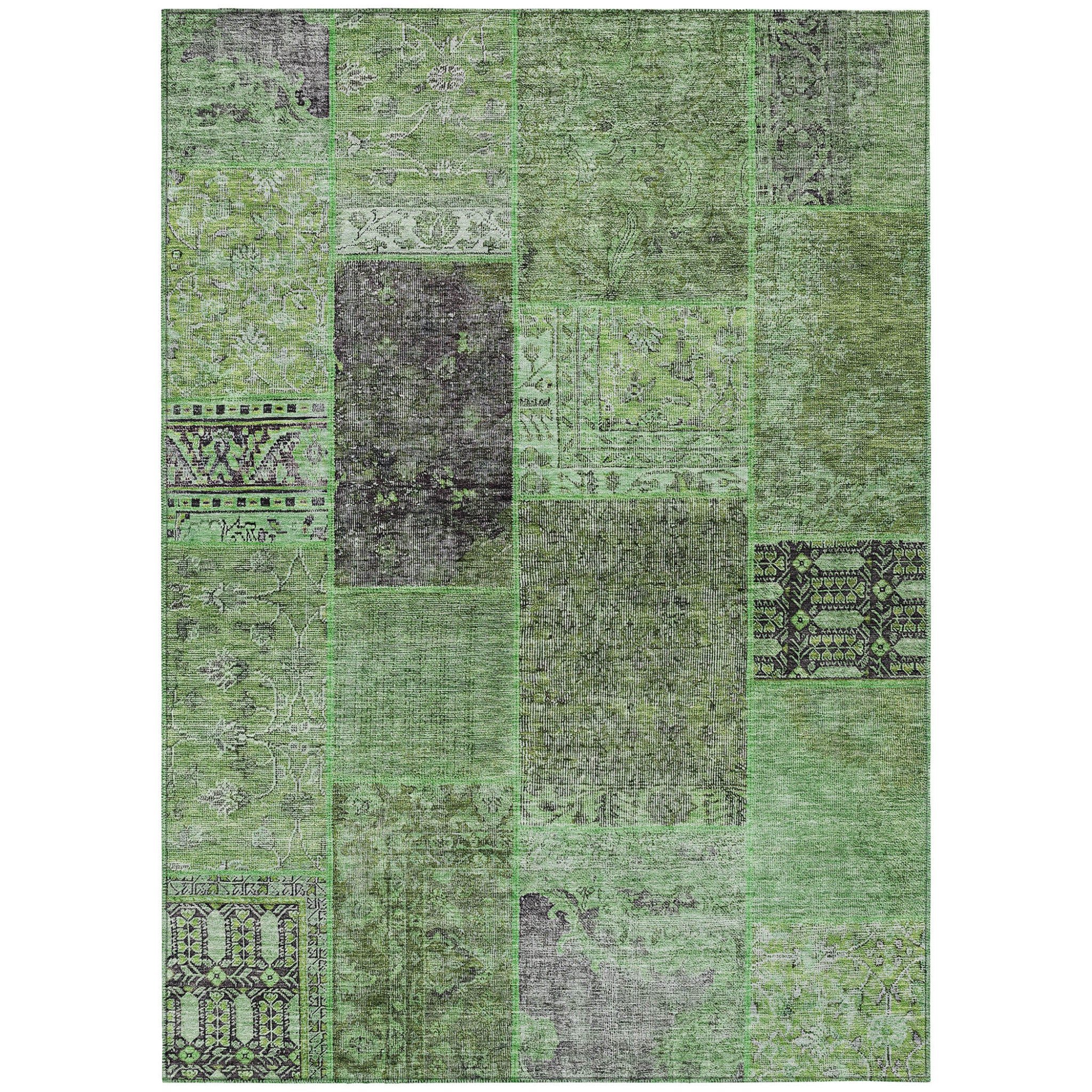 10 X 14 Green And Olive Green Patchwork Washable Indoor Outdoor Area Rug