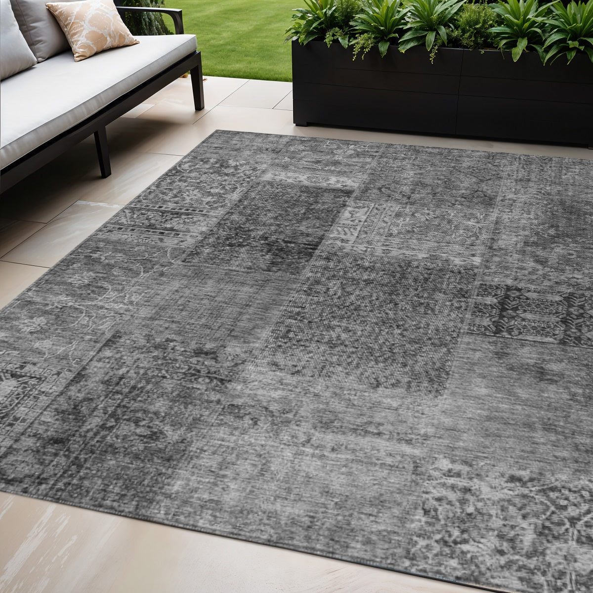 5 X 8 Gray Charcoal And Silver Patchwork Washable Indoor Outdoor Area Rug