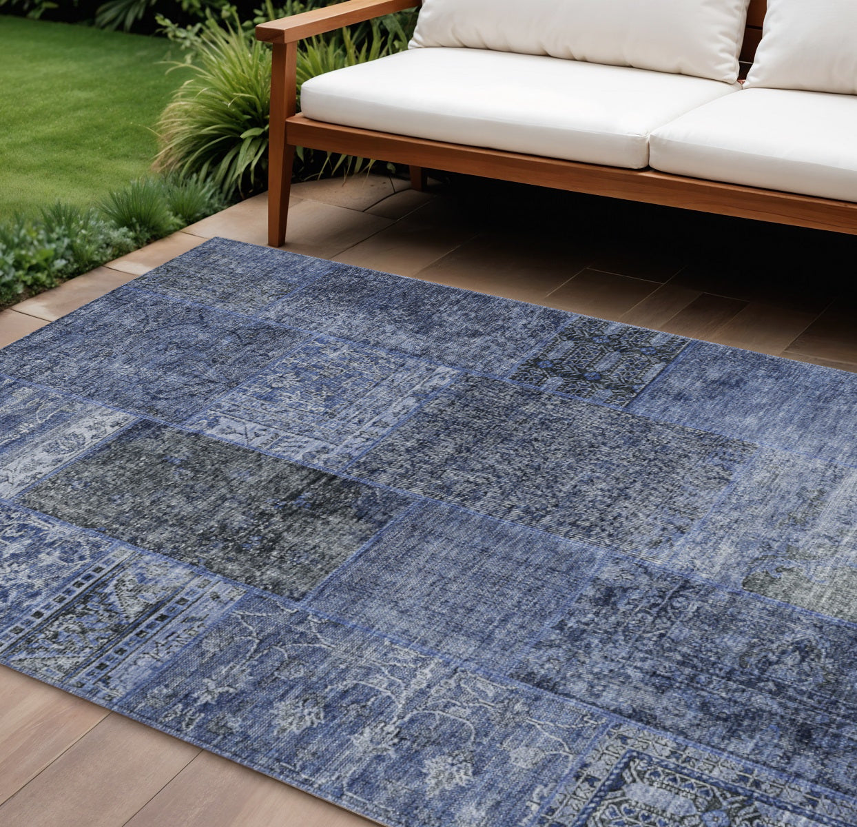 8 X 10 Navy Blue And Charcoal Patchwork Washable Indoor Outdoor Area Rug